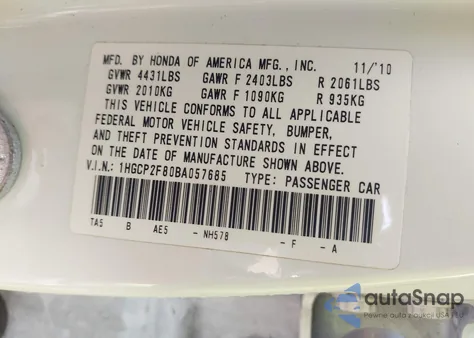 2011 Honda Accord 2.4 Ex-L from USA, damaged, VIN 1HGCP2F80BA057685